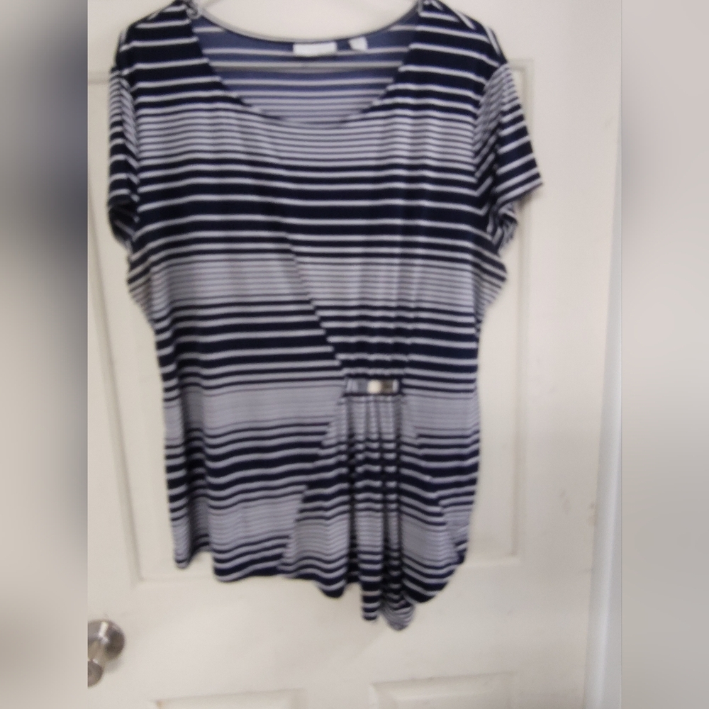 New York & Company Blue and White Asymmetrical Tie Front T-Shirt